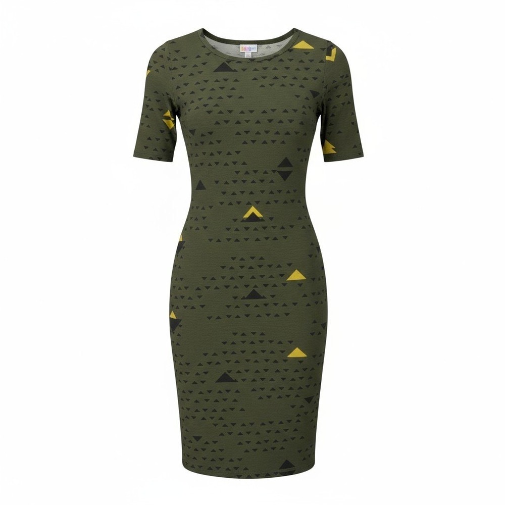 LuLaRoe Julia Dress XXS Olive Green Geometric Print NWT Knee Length T-Shirt Styl